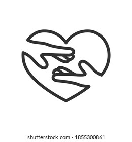 Hands reach out to each other against the background of the heart, linear icon. Editable stroke