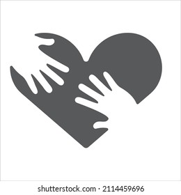 Las manos se acercan unas a otras en el fondo de la silueta del corazón. Icono vector, diseño plano mínimo, aislado en fondo blanco, eps 10.