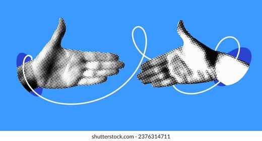 Hands reach out to each other. Handshake. Halftone retro hands. Paper cutout elements. Trendy vintage newspaper parts. Make a deal. Successful agreement. Hands tied with thread. Shaking hands