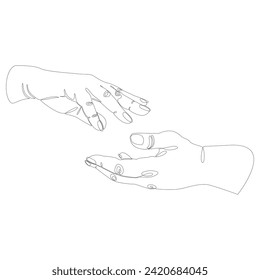 Hands reach out to each other. Concept for wall art, logo, card, banner. Love, relationship, Valentines day concept.Vector illustration isolated on white background.