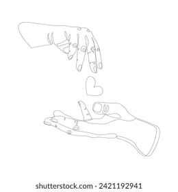 Hands reach out to each other with a heart. Concept for wall art, logo, card, banner. Love, relationship, Valentines day concept.Vector illustration isolated on white background.