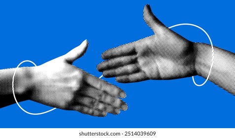 Hands reach out to each other. Handshake. Halftone retro hands. Paper cutout elements. Trendy vintage newspaper parts. Hands tied with thread. Shaking hands. Make a deal. Successful agreement