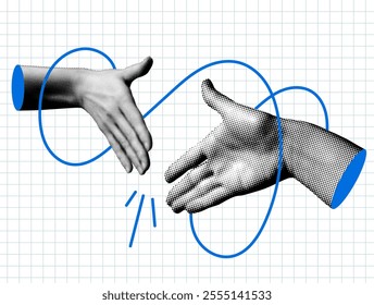 Hands reach out to each other. Handshake. Halftone retro hands. Body parts cut out of newspaper. Hands tied with thread. Shaking hands. Make a deal. Successful agreement. Modern collage