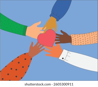 hands reach out to each other, people of different nationalities hold hearts, peace, love