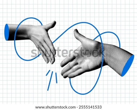 Hands reach out to each other. Handshake. Halftone retro hands. Body parts cut out of newspaper. Hands tied with thread. Shaking hands. Make a deal. Successful agreement. Modern collage