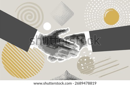 Hands reach out to each other. Handshake. Halftone retro hands. Paper cutout elements. Trendy vintage newspaper parts. Shaking hands. Make a deal. Successful agreement
