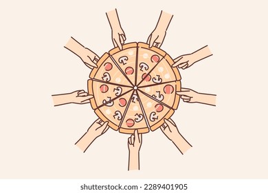 Hands reach out to pizza to pick up piece of delicious italian snack with cheese and pepperoni. Top view of pizza cooked according to traditional italian cuisine recipe with mushrooms and tomatoes