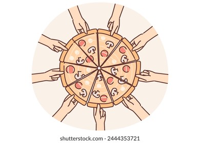 Hands reach out to pizza to pick up piece of delicious italian snack with cheese and pepperoni. Top view of pizza cooked according to traditional italian cuisine recipe with mushrooms and tomatoes