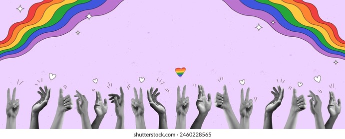 Hands reach out towards rainbow, symbolizing the LGBTQ unity and freedom against pink background. Contemporary art collage. LGBT, equality, pride month, support, love, human rights concept