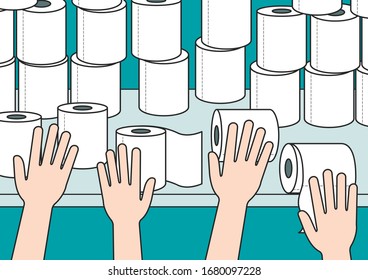 Hands Reach For Toilet Paper On A Shelf In A Store. The Concept Of High Demand And Hype. Vector Illustration