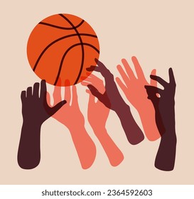 Hands reaching for Basketball ball colorful flat objects. Cartoon illustration. Sport, team play concept. Vector flat modern illustration isolated. 