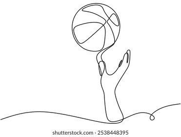 Mãos alcançando para uma basquete ilustrada em um desenho contínuo de uma linha. Conceito de atividade desportiva que enfatiza a determinação e a competição.