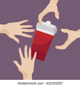 Hands reaching for beverage in packaging on purple background