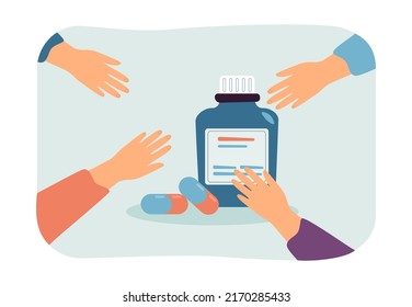 Manos que llegan a la botella de vitaminas y suplementos. Gente tomando cápsulas de la ilustración de un vector plano del contenedor. Medicina, concepto de farmacia para banner, diseño de sitios web o página web de aterrizaje