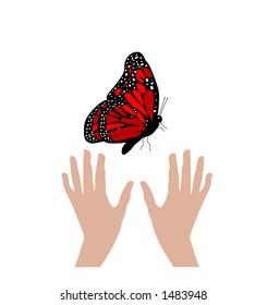 hands reaching for butterfly