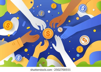 Hands reaching for coins financial collaboration concept. Diverse hands reaching for coins in a colorful paper cut style background with abstract shapes