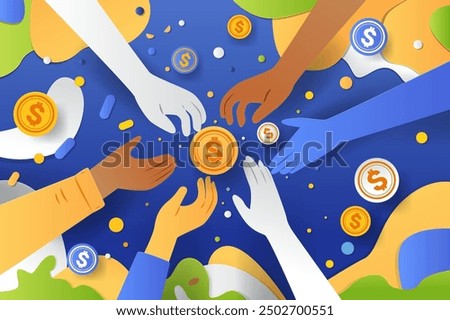 Hands reaching for coins financial collaboration concept. Diverse hands reaching for coins in a colorful paper cut style background with abstract shapes