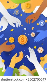 Hands reaching for coins teamwork collaboration colorful abstract background paper cut style