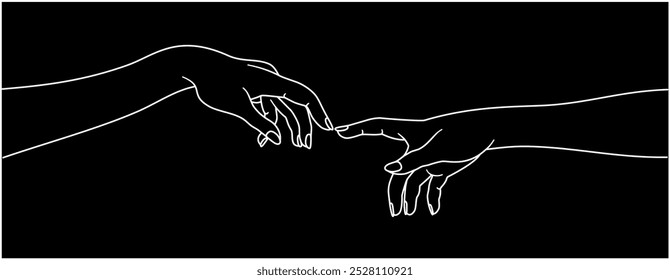 Hands reaching each other. Inspiration from Michelangelo but with female style of hands. Vector illustration.