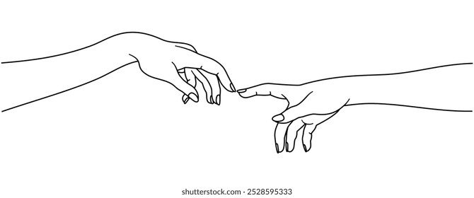 Hands reaching each other. Inspiration in the illustration of Michelangelo, but here with female hands. Isolated. Vector illustration.
