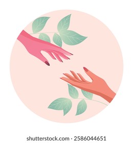 Hands reaching for each other on the background of spring leaves