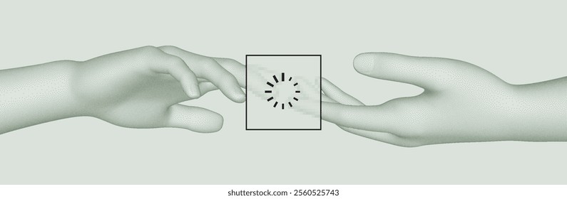 Hands reaching for each other and a sign of expectation on top of them. Pause in relationship or slow communication. Waiting mode for help. 3D vector illustration for adver, marketing or presentation.