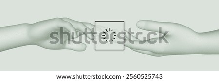 Hands reaching for each other and a sign of expectation on top of them. Pause in relationship or slow communication. Waiting mode for help. 3D vector illustration for adver, marketing or presentation.