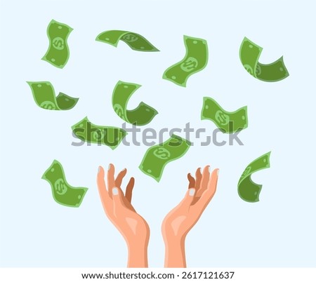 Hands Reaching for Falling Money Under a Clear Sky