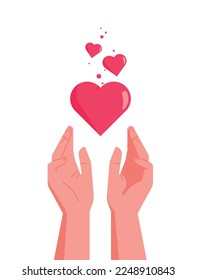 Hands reaching for floating red hearts. Vector illustration concept for sharing love, helping others, charity supported by global community. Stickers for social media and mobile apps and games.