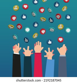 Hands reaching followers, comment, like and love notification icon