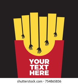 
Hands reaching for fries. Vector illustration of French Fries in red Paper Box. Logo Template.