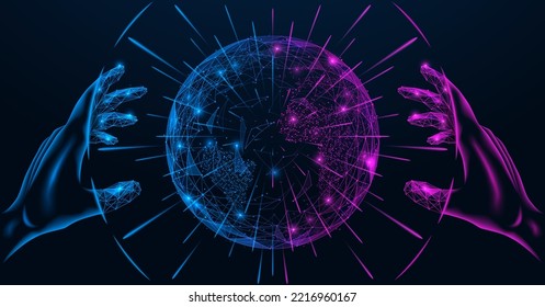 Hands are reaching for the futuristic metaverse. Immersion in the digital cyberspace world. Polygonal design of lines and dots.