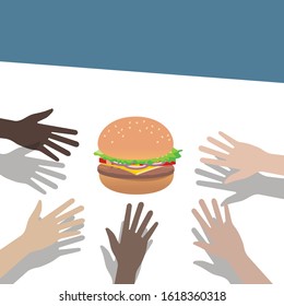 hands reaching hamburger, vector illustration
