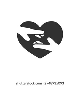 Hands reaching in heart icon. Help, support and care concept. Monochrome black and white symbol
