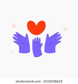 Hands reaching for a heart, symbolizing family love, care, and support, ideal for family bonding, compassion, and charity themes. Flat vector illustration, isolated on white.