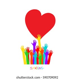 Hands reaching for the heart. Vector illustration, metaphor of love and spring.