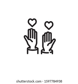 Hands reaching hearts thin line icon. Giving and donation isolated outline sign. Charity concept. Vector illustration symbol element for web design and apps.