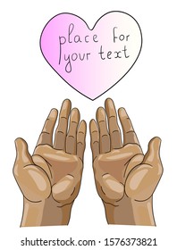 hands reaching up holding a heart, isolated white background, vertical format, stock vector illustration with place for an inscription, mercy day, postcard with  for your text