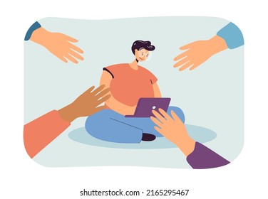 Hands reaching out to busy tiny office worker. Pressure of customers to tiny woman working with laptop flat vector illustration. Career, company concept for banner, website design or landing web page