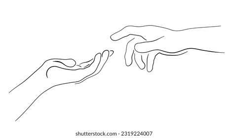 Hands reaching out to each other, hands, linear art, vector illustration.