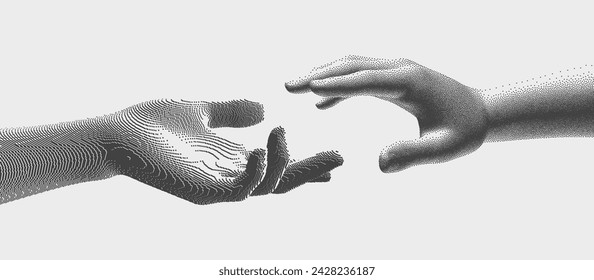 Las manos se estiran unas a otras. Concepto de relación humana, unidad o asociación. Los modelos de mano están hechos por diferentes tecnologías (voxel y grid). Ilustración vectorial 3D para un diseño variado.