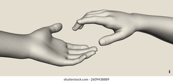 Hands reaching out to each other. Concept of human relationship, unity or partnership. Hand models are made by different technologies (voxel and grid). 3D vector illustration for varied design.