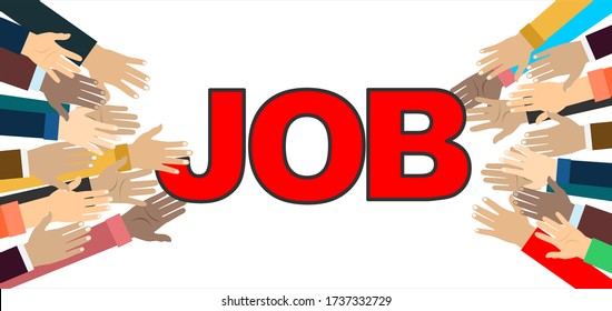 Manos extendiéndose para conseguir trabajo. Competencia en el mercado laboral. Ilustración de estilo plano.