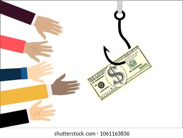 Hands reaching out to get money on the fish hook. Deception, a trap on the hook and hands stretching for help. Illustration in flat style.