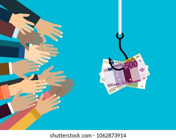 Hands reaching out to get money on the fish hook. Deception, a trap on the hook and hands stretching for help. Illustration in flat style.
