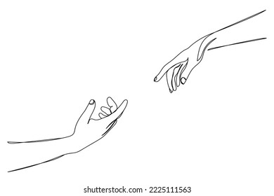 hands reaching out for love support help and care. Urge to touch concept. Concept of human relation, community, togetherness, symbolism, culture and history. Continuous line art of helping hand . Hope