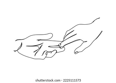 hands reaching out for love support help and care. Urge to touch concept. Concept of human relation, community, togetherness, symbolism, culture and history. Continuous line art of helping hand . Hope