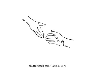 hands reaching out for love support help and care. Urge to touch concept. Concept of human relation, community, togetherness, symbolism, culture and history. Continuous line art of helping hand . Hope