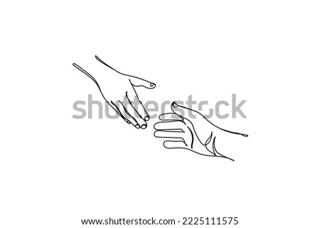 hands reaching out for love support help and care. Urge to touch concept. Concept of human relation, community, togetherness, symbolism, culture and history. Continuous line art of helping hand . Hope