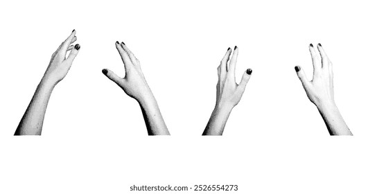 Hands reaching out with an open palm as if grabbing or catching something, POV. Halftone style vector isolated on white background.